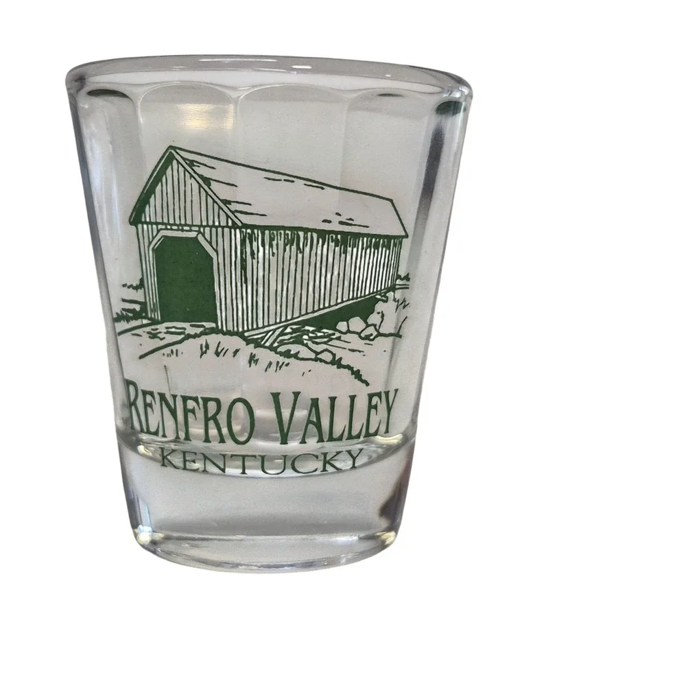 Renfro Valley Kentucky Shot Glass Clear Green Covered Bridge Souvenir USA